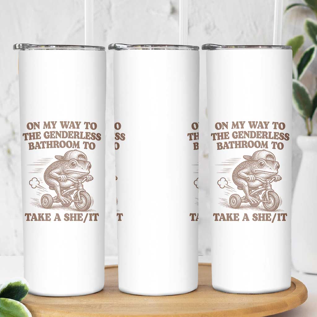 On My Way To The Genderless Bathroom To Take a She/It Skinny Tumbler Funny Frog Graphic