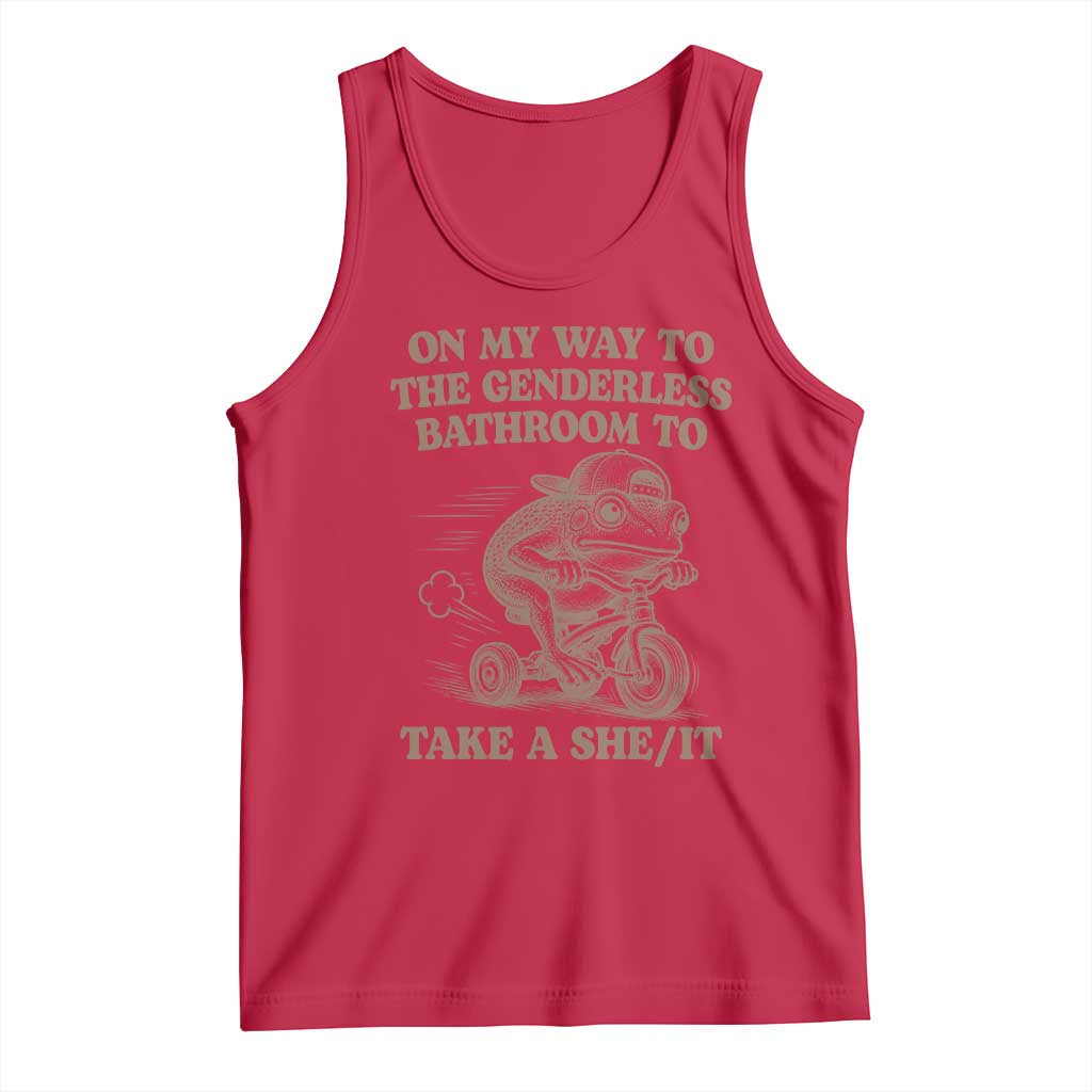 On My Way To The Genderless Bathroom To Take a She/It Tank Top Funny Frog Graphic