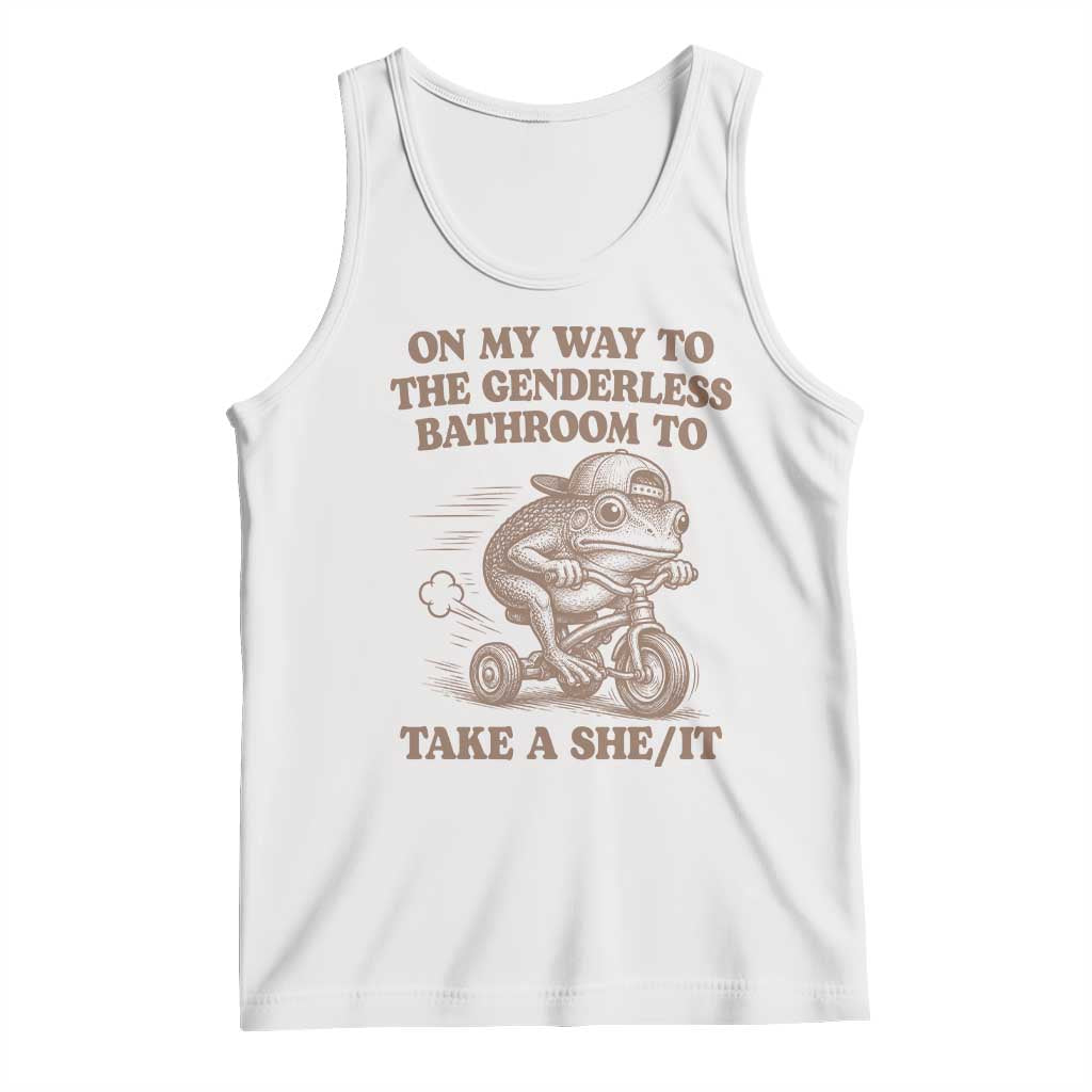 On My Way To The Genderless Bathroom To Take a She/It Tank Top Funny Frog Graphic