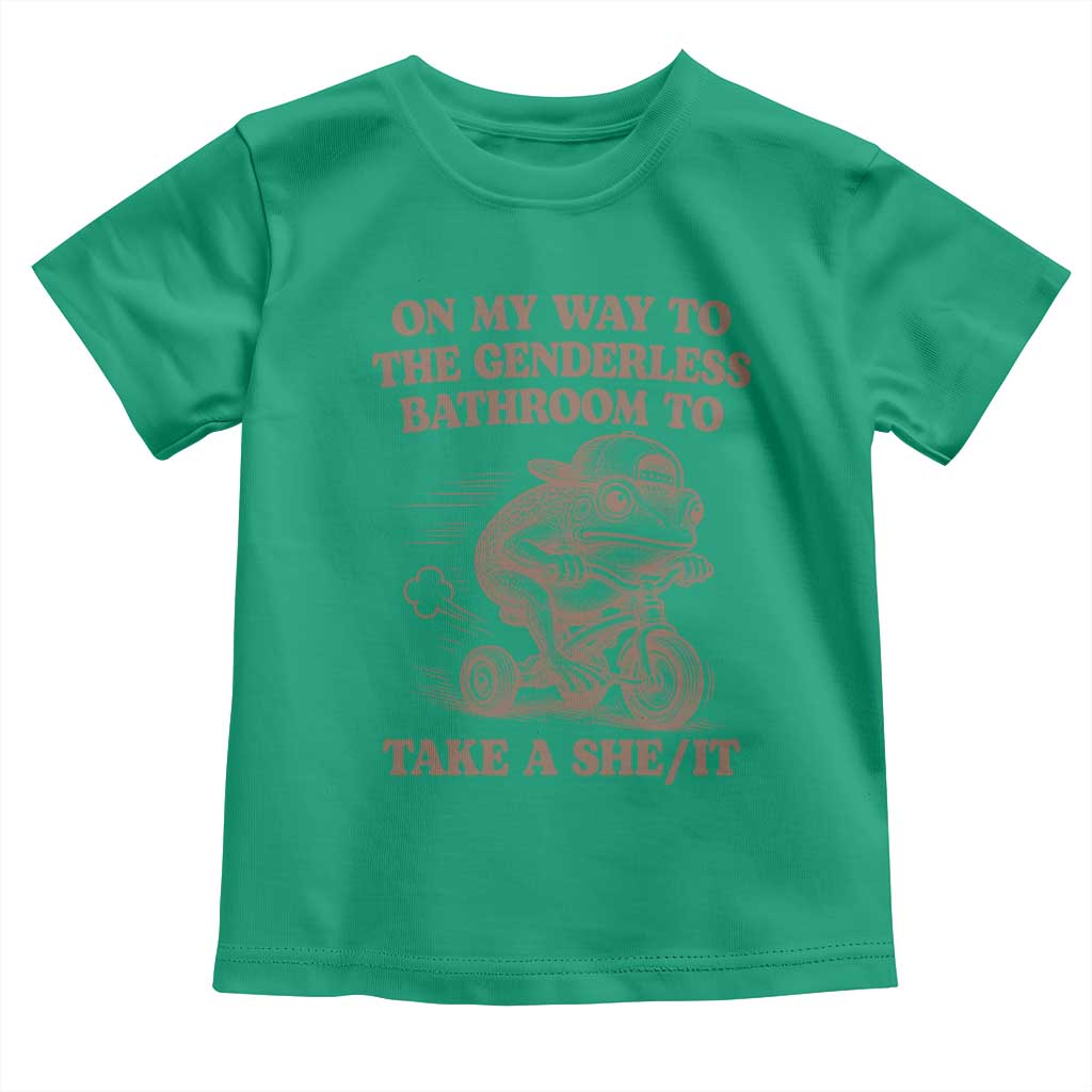 On My Way To The Genderless Bathroom To Take a She/It Toddler T Shirt Funny Frog Graphic