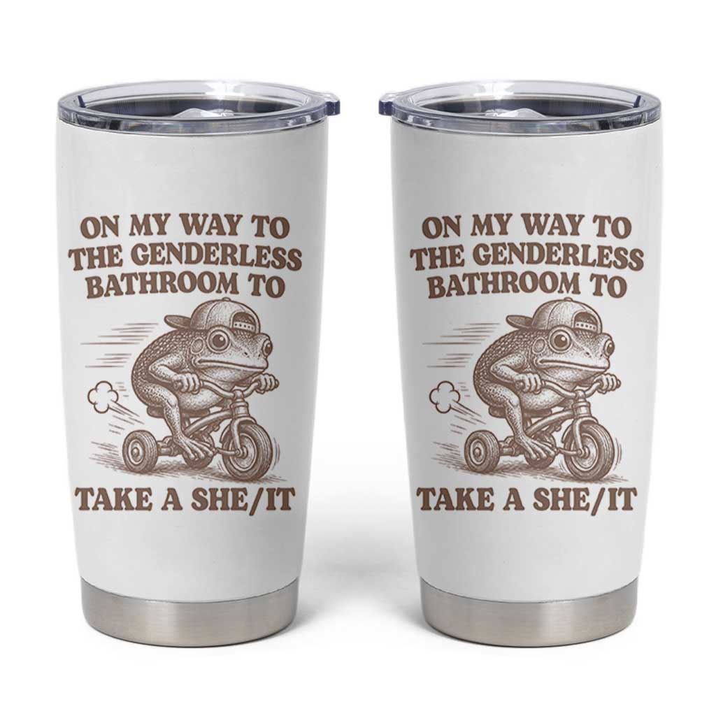 On My Way To The Genderless Bathroom To Take a She/It Tumbler Cup Funny Frog Graphic