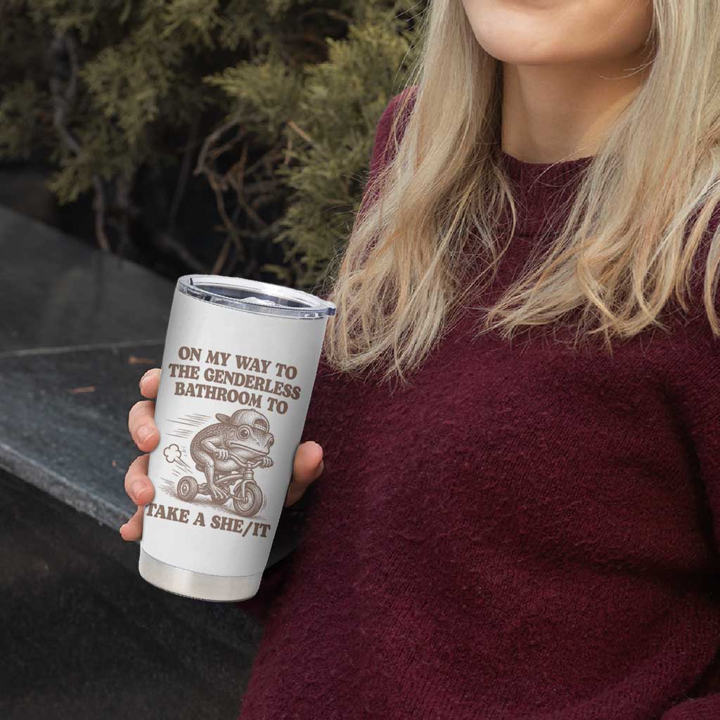 On My Way To The Genderless Bathroom To Take a She/It Tumbler Cup Funny Frog Graphic
