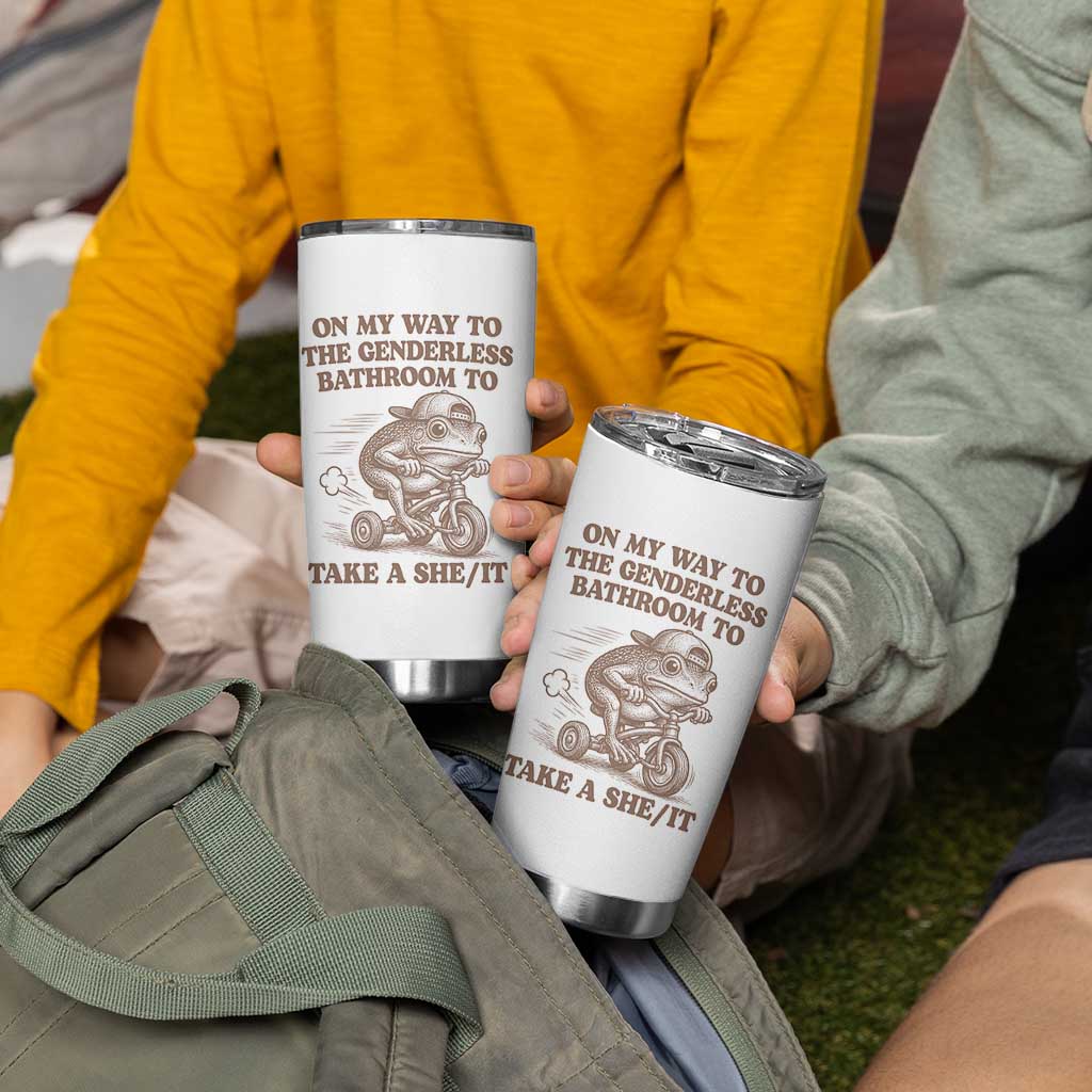 On My Way To The Genderless Bathroom To Take a She/It Tumbler Cup Funny Frog Graphic