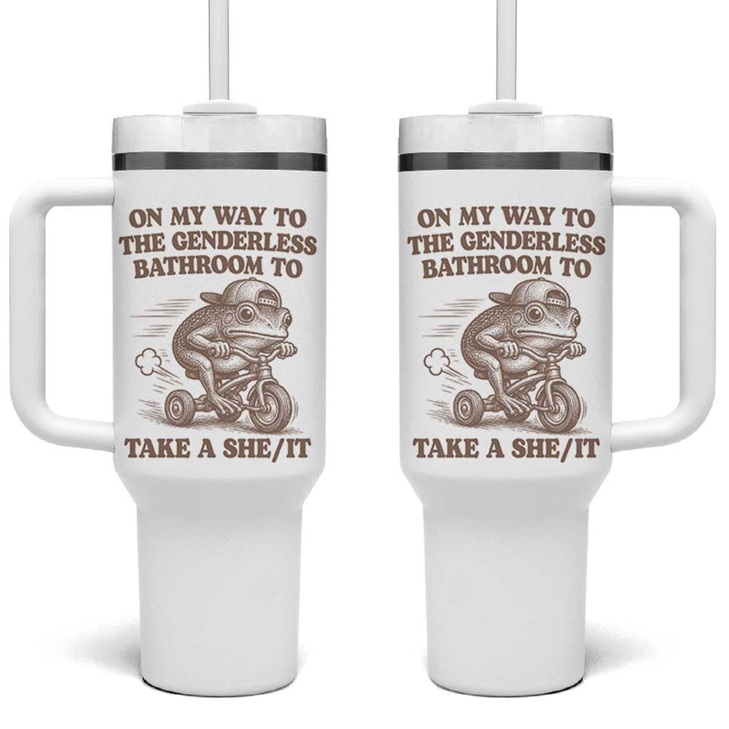 On My Way To The Genderless Bathroom To Take a She/It Tumbler With Handle Funny Frog Graphic