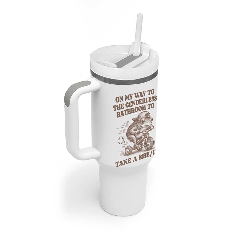 On My Way To The Genderless Bathroom To Take a She/It Tumbler With Handle Funny Frog Graphic