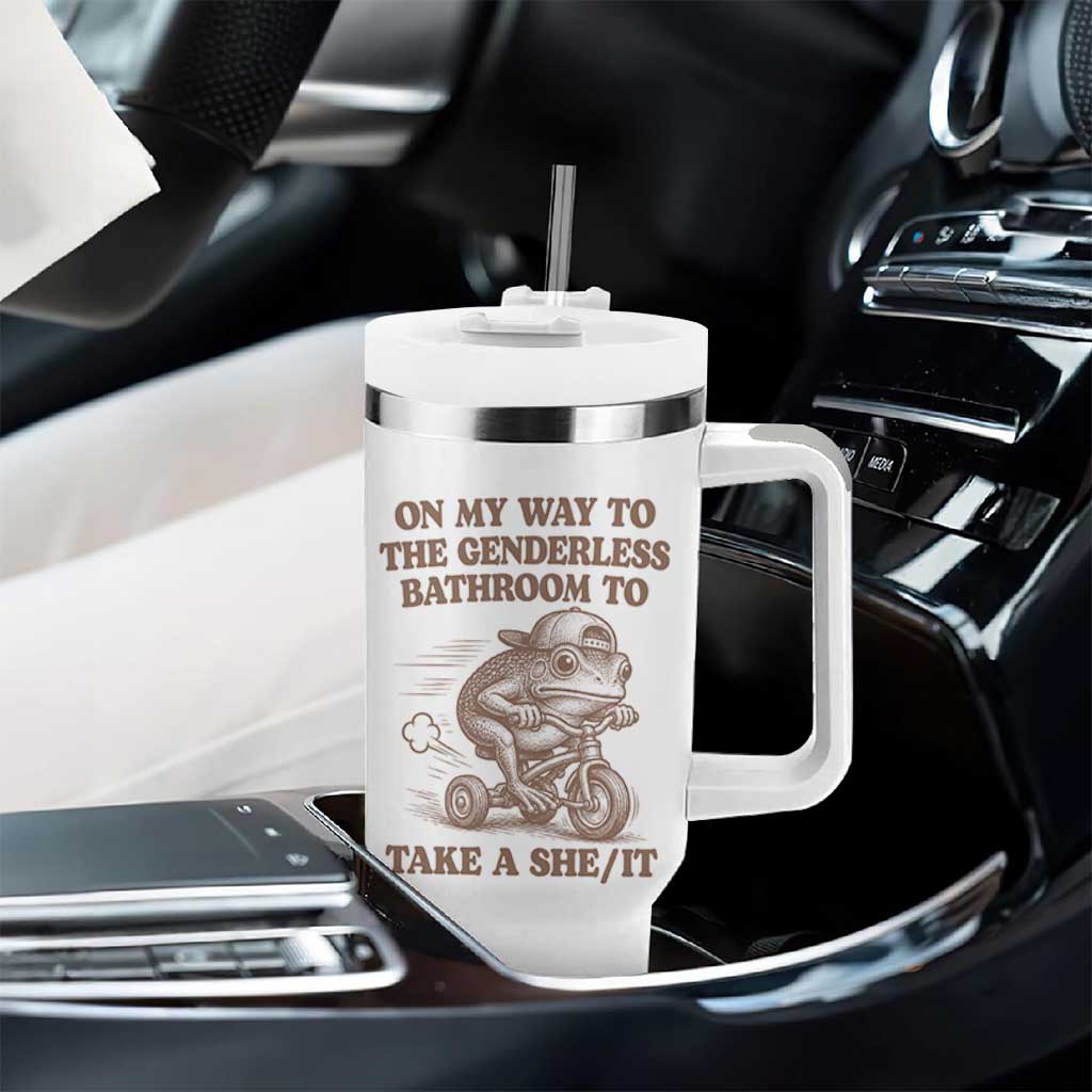 On My Way To The Genderless Bathroom To Take a She/It Tumbler With Handle Funny Frog Graphic