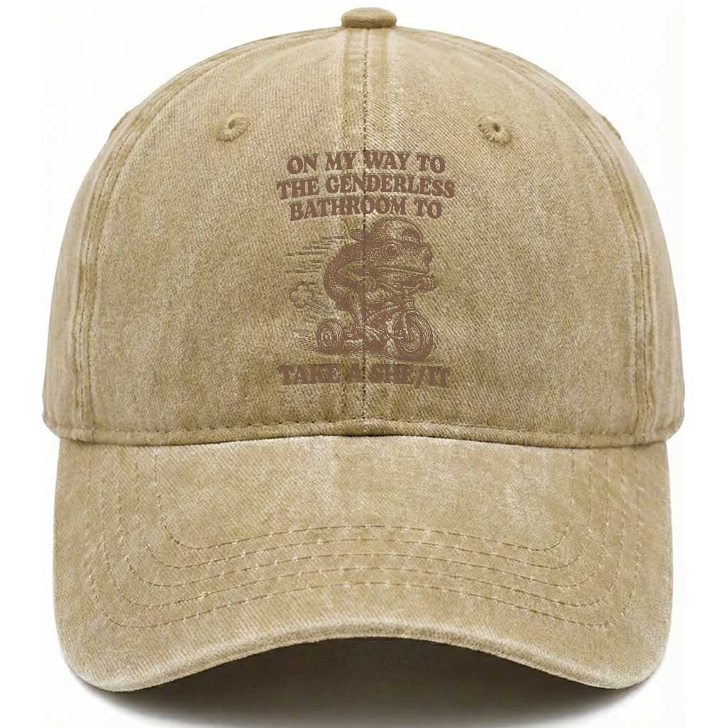 On My Way To The Genderless Bathroom To Take a She/It Washed Cotton Baseball Cap Funny Frog Graphic