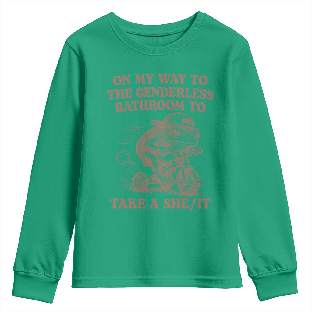 On My Way To The Genderless Bathroom To Take a She/It Youth Sweatshirt Funny Frog Graphic