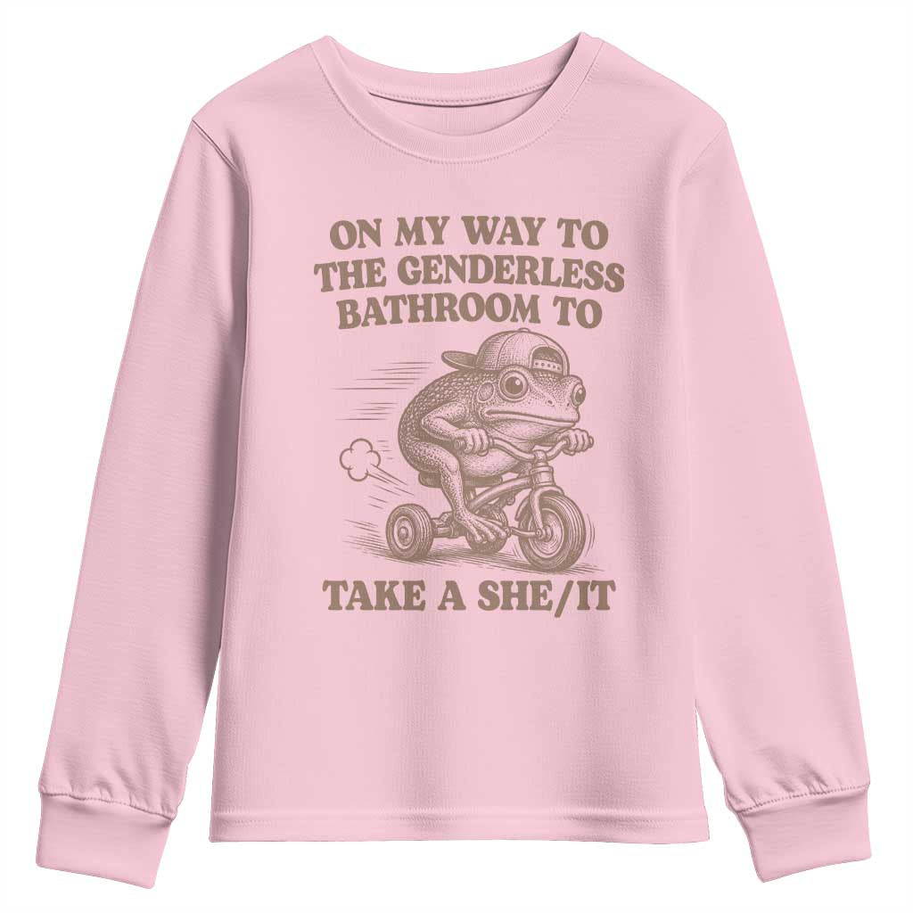 On My Way To The Genderless Bathroom To Take a She/It Youth Sweatshirt Funny Frog Graphic