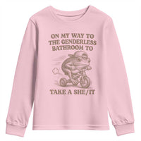 On My Way To The Genderless Bathroom To Take a She/It Youth Sweatshirt Funny Frog Graphic