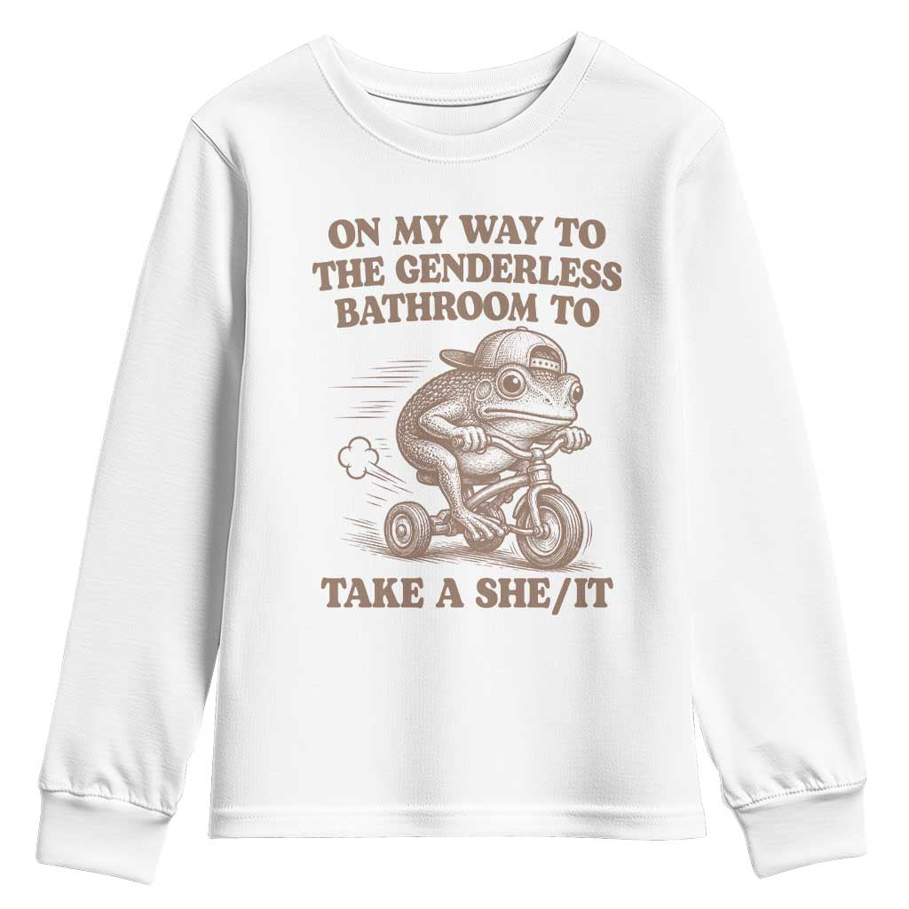 On My Way To The Genderless Bathroom To Take a She/It Youth Sweatshirt Funny Frog Graphic