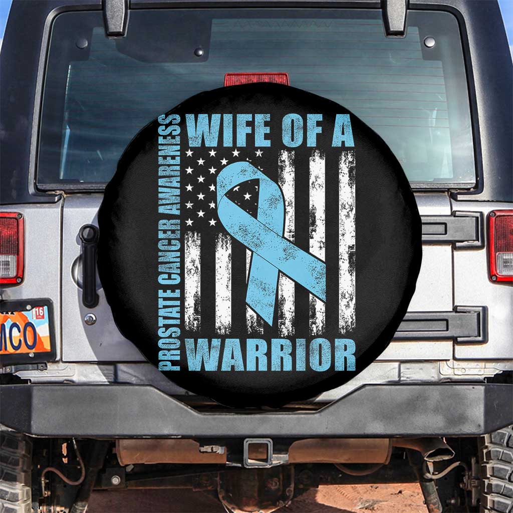 Wife Of A Warrior Prostate Cancer Awareness Spare Tire Cover American Flag Blue Ribbon Graphic