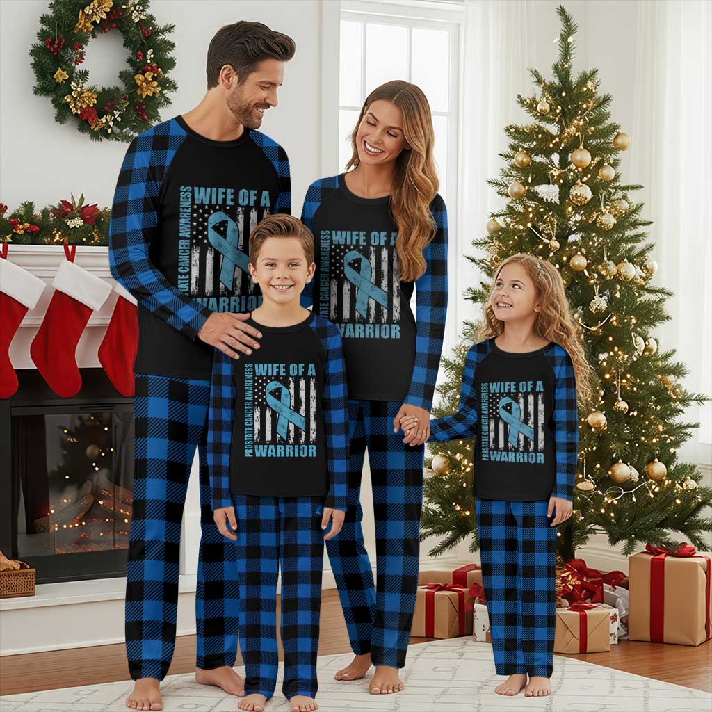 Wife Of A Warrior Prostate Cancer Awareness Plaid Pajama Set American Flag Blue Ribbon Graphic
