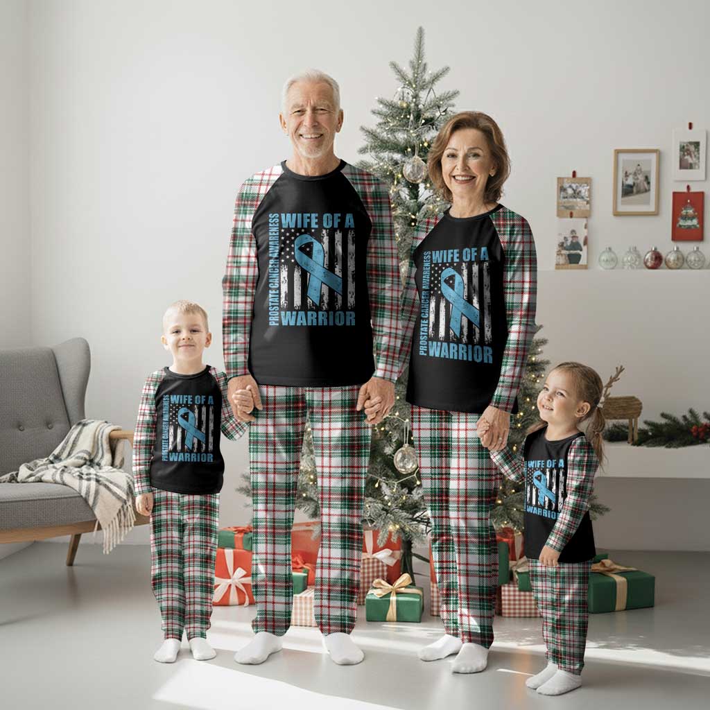 Wife Of A Warrior Prostate Cancer Awareness Plaid Pajama Set American Flag Blue Ribbon Graphic