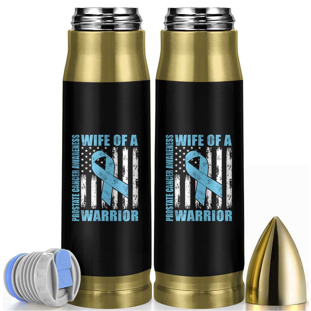 Wife Of A Warrior Prostate Cancer Awareness Bullet Tumbler American Flag Blue Ribbon Graphic