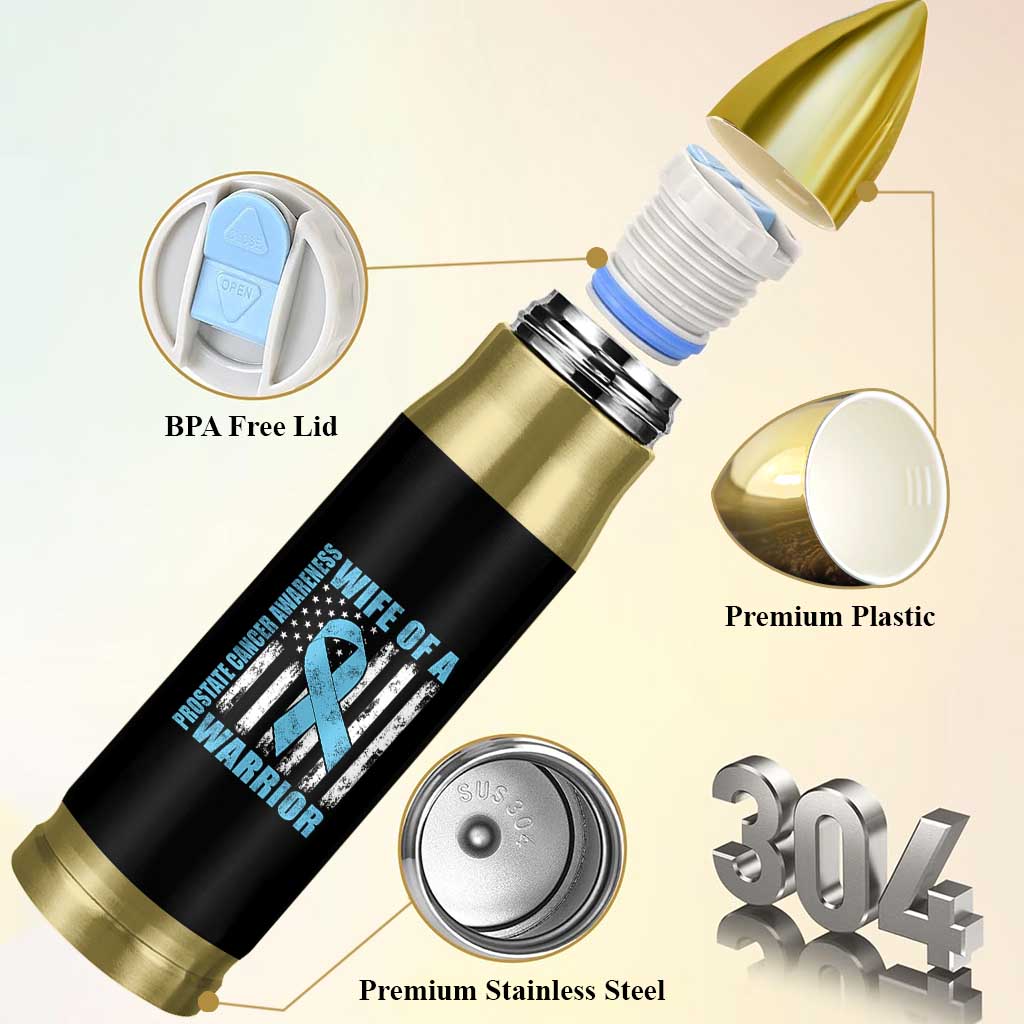 Wife Of A Warrior Prostate Cancer Awareness Bullet Tumbler American Flag Blue Ribbon Graphic