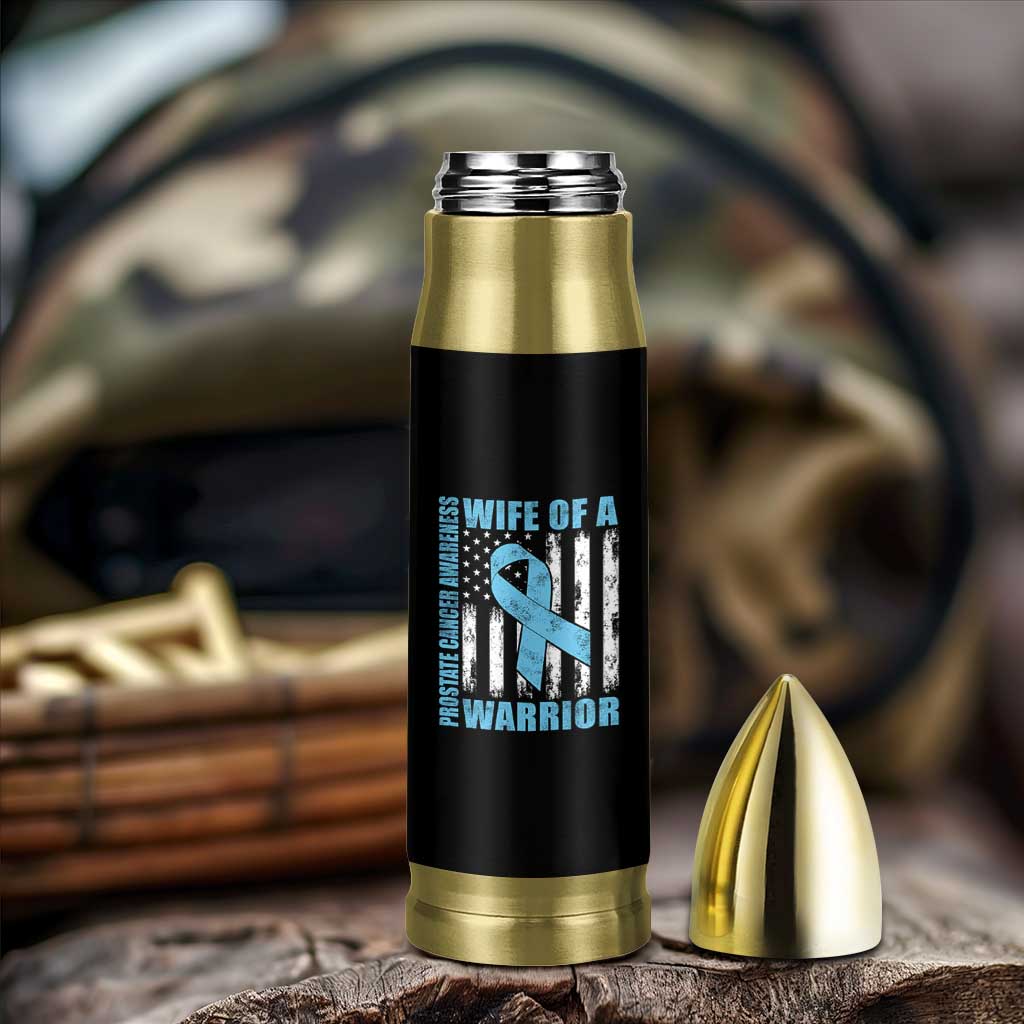 Wife Of A Warrior Prostate Cancer Awareness Bullet Tumbler American Flag Blue Ribbon Graphic