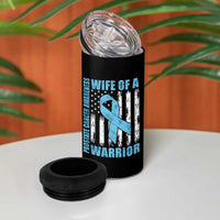 Wife Of A Warrior Prostate Cancer Awareness 4 in 1 Can Cooler Tumbler American Flag Blue Ribbon Graphic