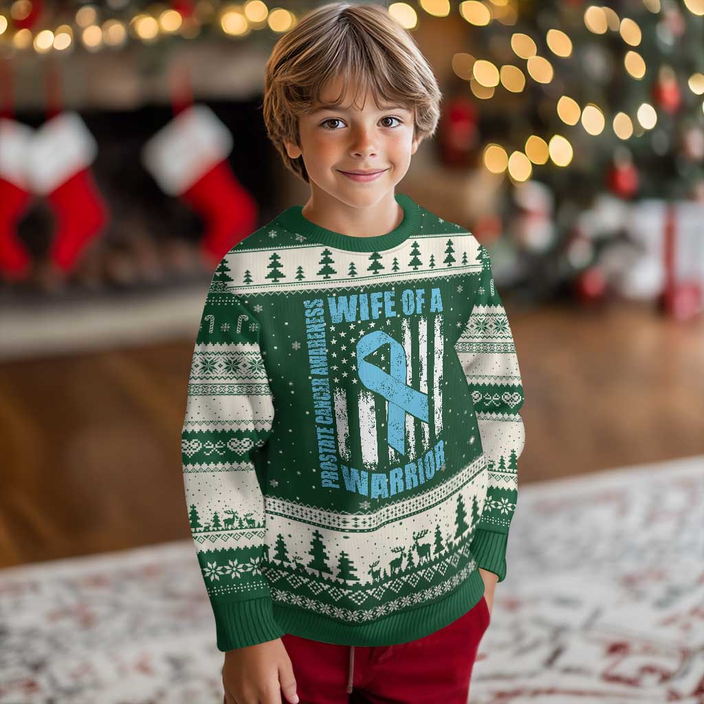 Wife Of A Warrior Prostate Cancer Awareness Ugly Christmas Sweater American Flag Blue Ribbon Graphic