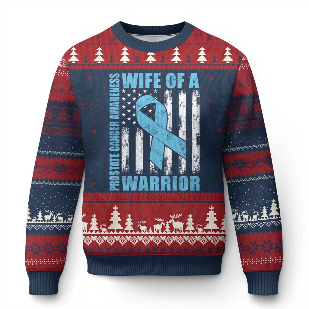 Wife Of A Warrior Prostate Cancer Awareness Ugly Christmas Sweater American Flag Blue Ribbon Graphic