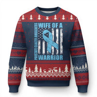 Wife Of A Warrior Prostate Cancer Awareness Ugly Christmas Sweater American Flag Blue Ribbon Graphic