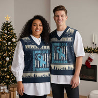 Wife Of A Warrior Prostate Cancer Awareness V-Neck Knit Sweater Vest American Flag Blue Ribbon Graphic