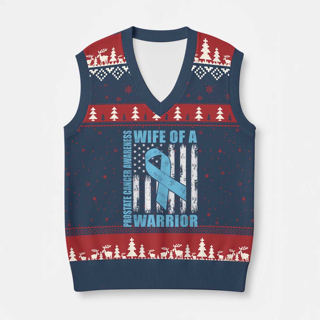 Wife Of A Warrior Prostate Cancer Awareness V-Neck Knit Sweater Vest American Flag Blue Ribbon Graphic