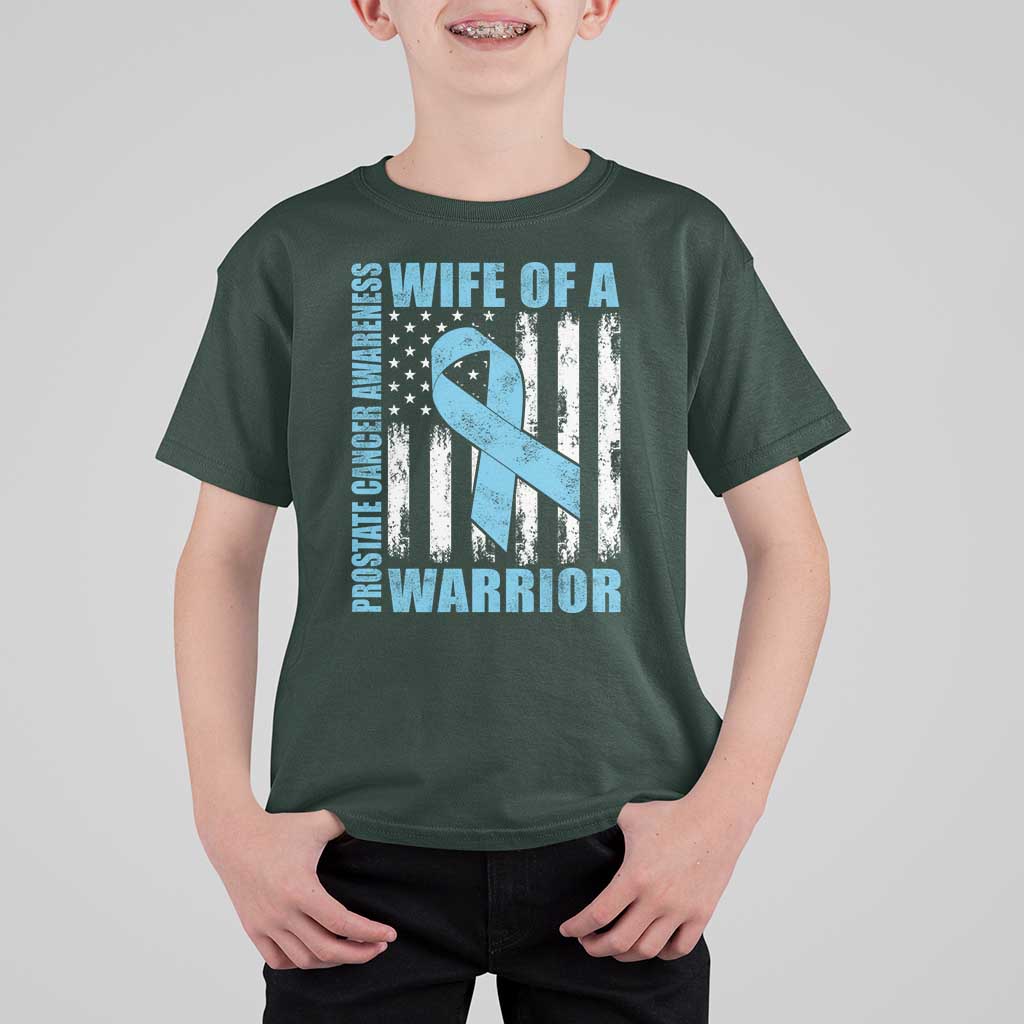 Wife Of A Warrior Prostate Cancer Awareness T Shirt For Kid American Flag Blue Ribbon Graphic