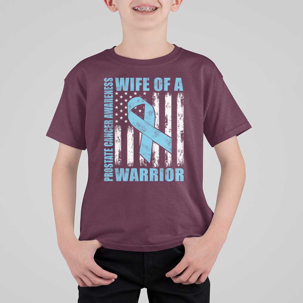 Wife Of A Warrior Prostate Cancer Awareness T Shirt For Kid American Flag Blue Ribbon Graphic