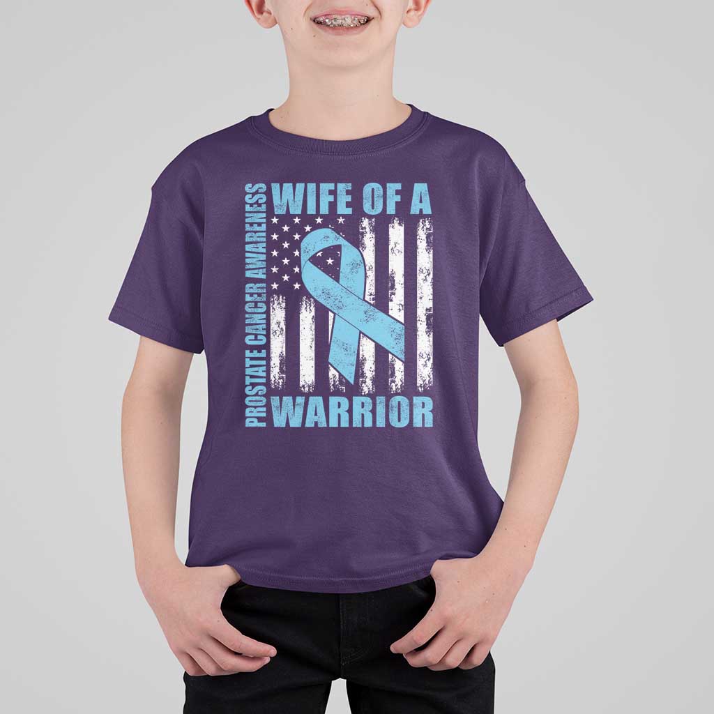 Wife Of A Warrior Prostate Cancer Awareness T Shirt For Kid American Flag Blue Ribbon Graphic
