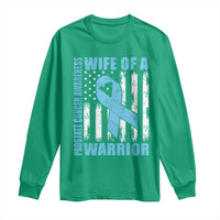 Wife Of A Warrior Prostate Cancer Awareness Long Sleeve Shirt American Flag Blue Ribbon Graphic