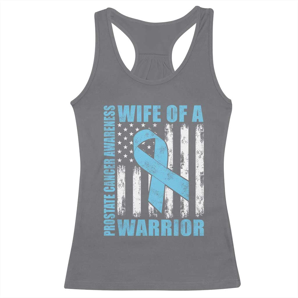 Wife Of A Warrior Prostate Cancer Awareness Racerback Tank Top American Flag Blue Ribbon Graphic