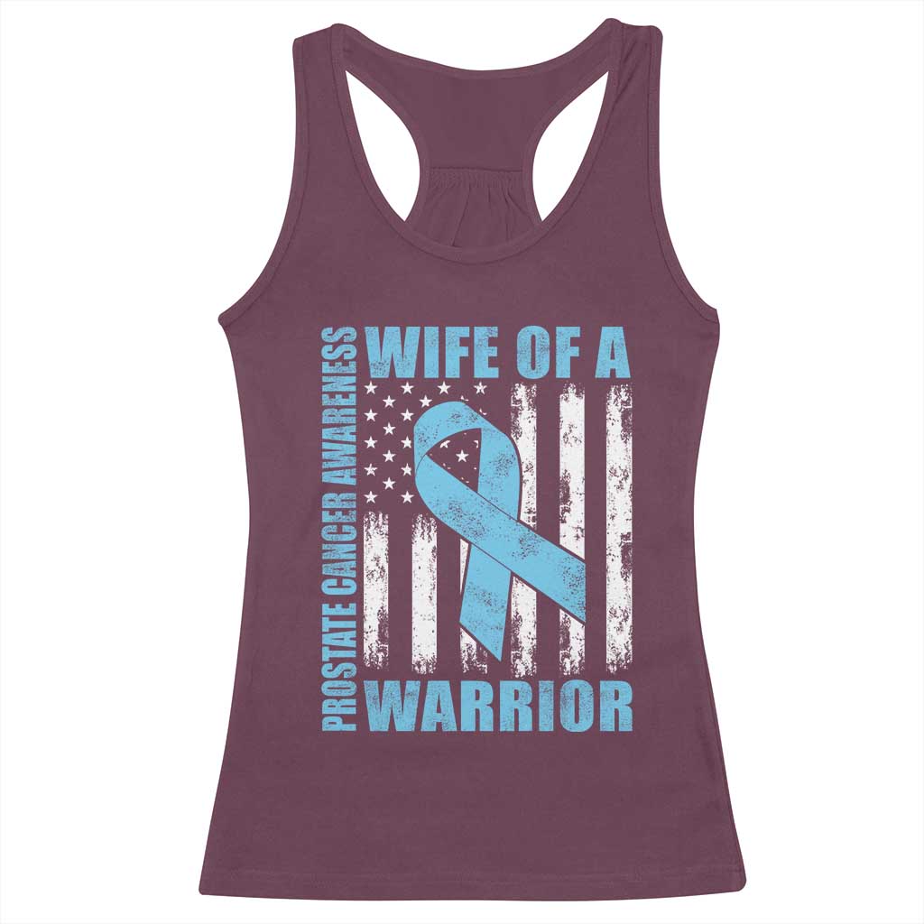 Wife Of A Warrior Prostate Cancer Awareness Racerback Tank Top American Flag Blue Ribbon Graphic