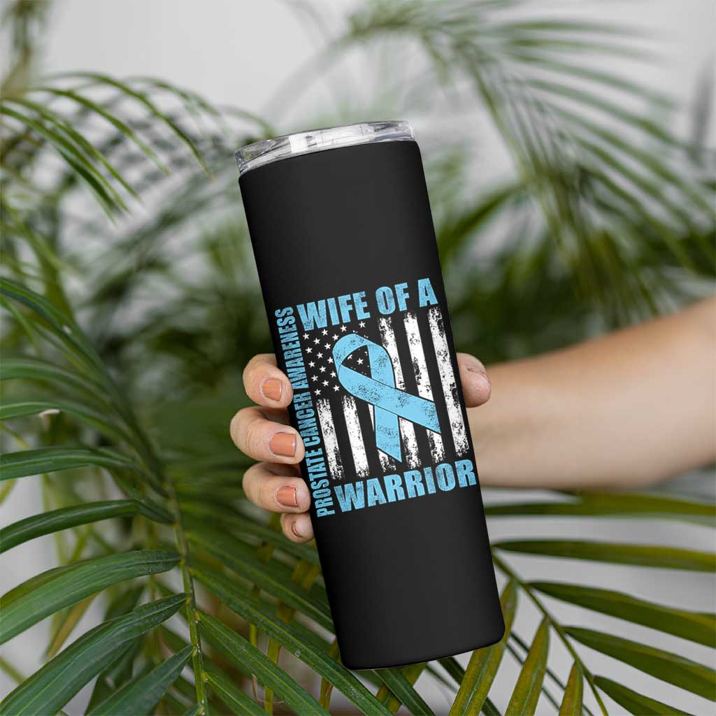 Wife Of A Warrior Prostate Cancer Awareness Skinny Tumbler American Flag Blue Ribbon Graphic