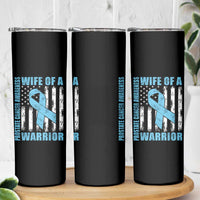 Wife Of A Warrior Prostate Cancer Awareness Skinny Tumbler American Flag Blue Ribbon Graphic