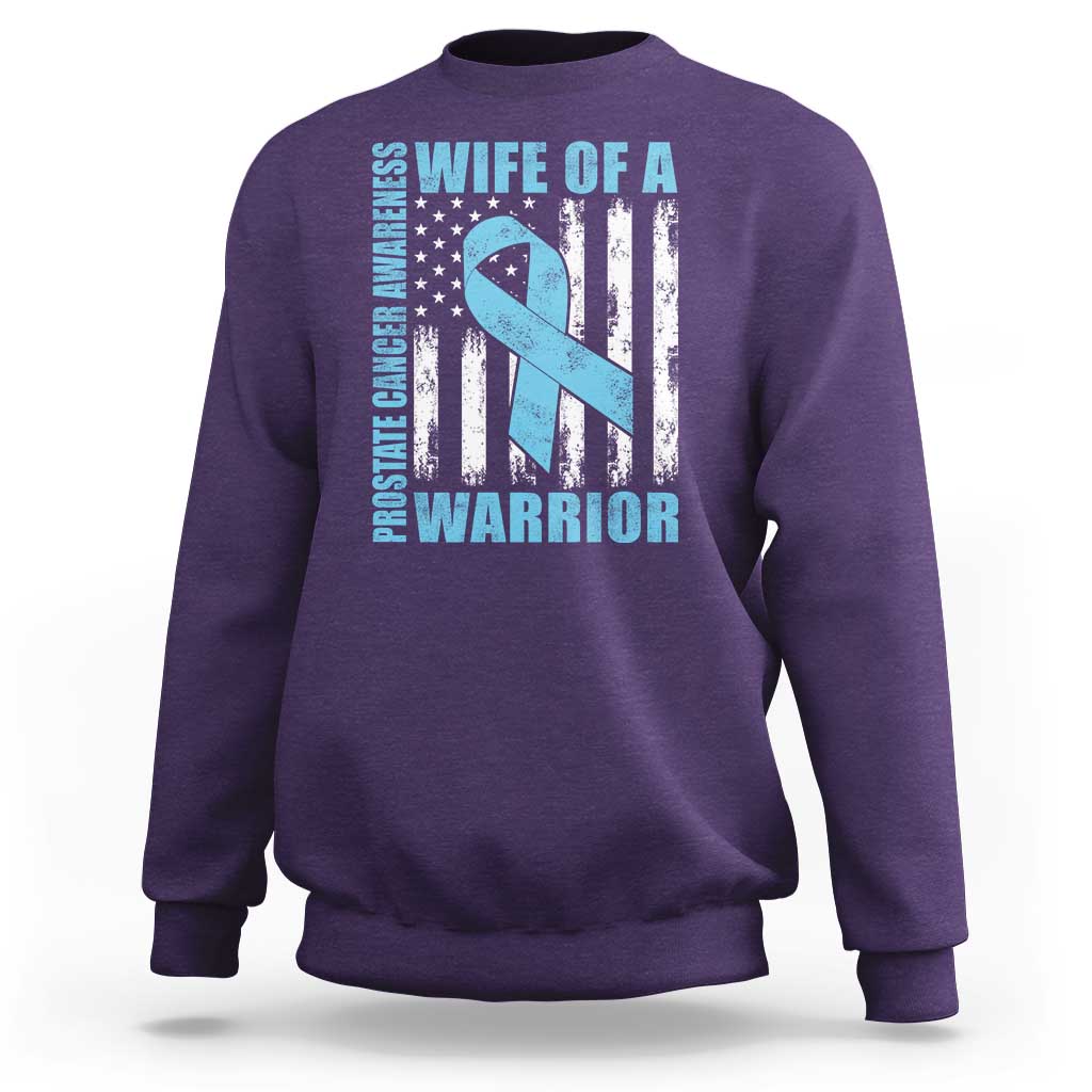 Wife Of A Warrior Prostate Cancer Awareness Sweatshirt American Flag Blue Ribbon Graphic