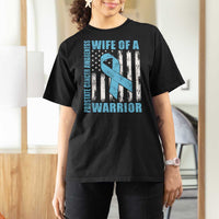 Wife Of A Warrior Prostate Cancer Awareness T Shirt For Women American Flag Blue Ribbon Graphic