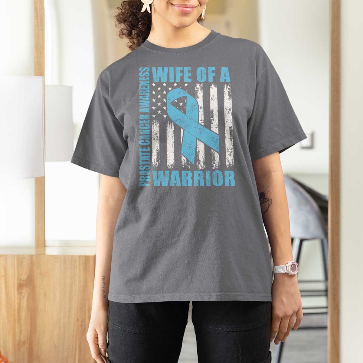 Wife Of A Warrior Prostate Cancer Awareness T Shirt For Women American Flag Blue Ribbon Graphic