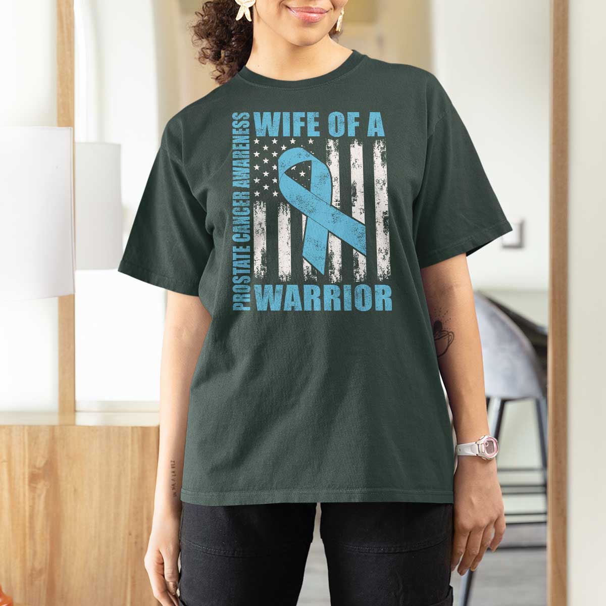 Wife Of A Warrior Prostate Cancer Awareness T Shirt For Women American Flag Blue Ribbon Graphic