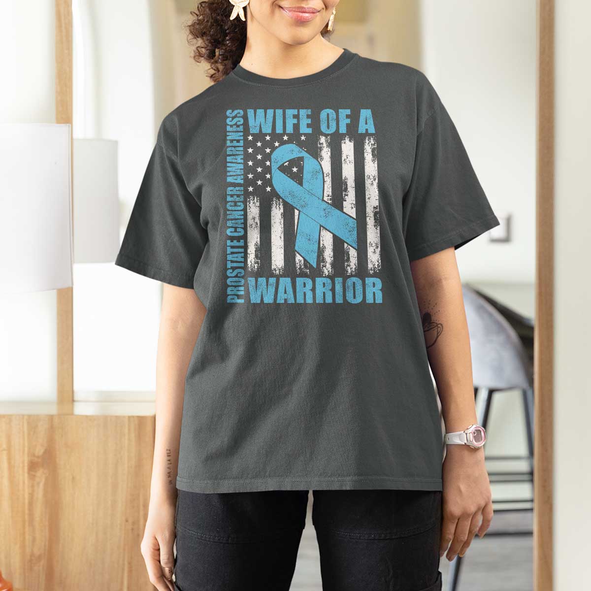 Wife Of A Warrior Prostate Cancer Awareness T Shirt For Women American Flag Blue Ribbon Graphic