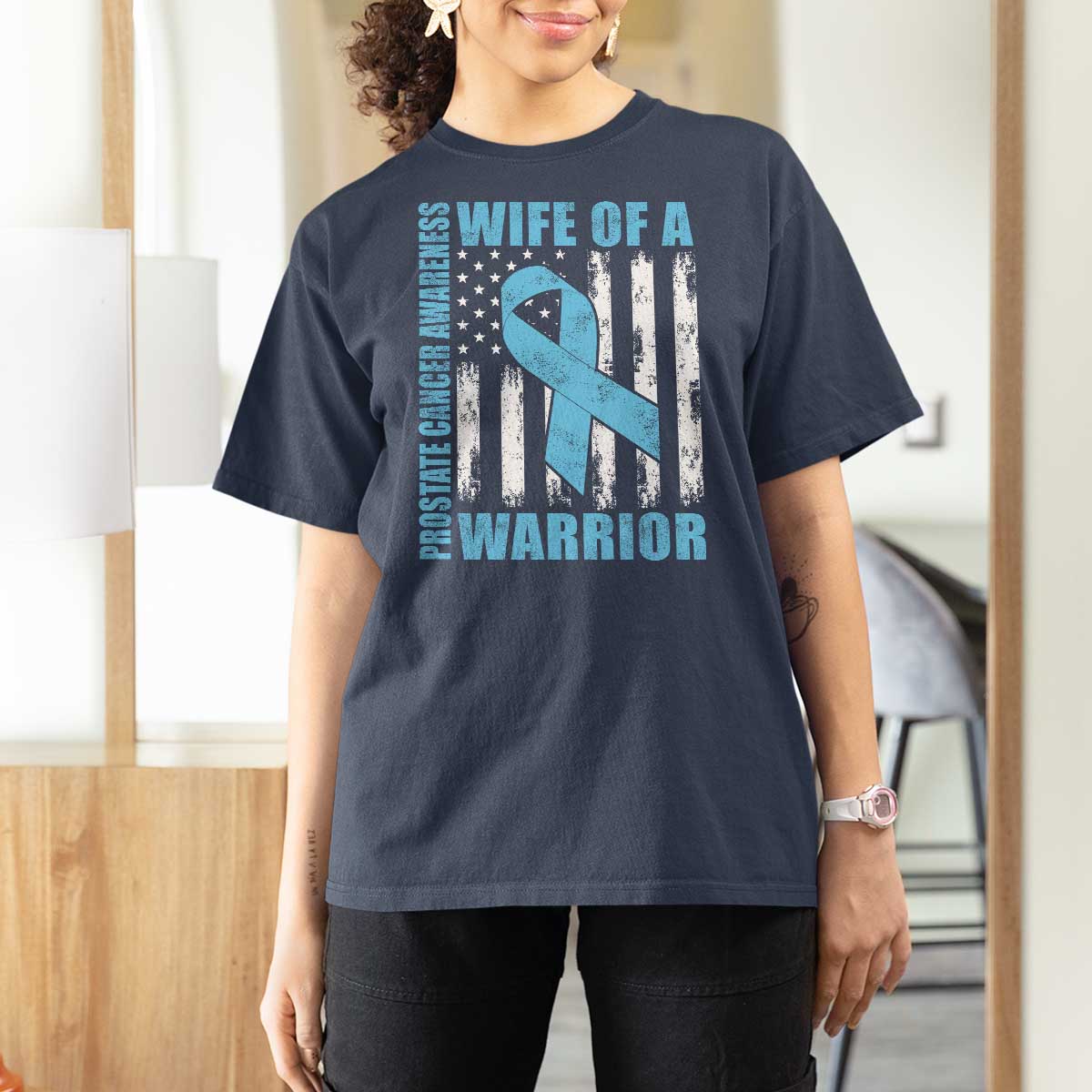 Wife Of A Warrior Prostate Cancer Awareness T Shirt For Women American Flag Blue Ribbon Graphic