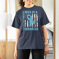 Wife Of A Warrior Prostate Cancer Awareness T Shirt For Women American Flag Blue Ribbon Graphic