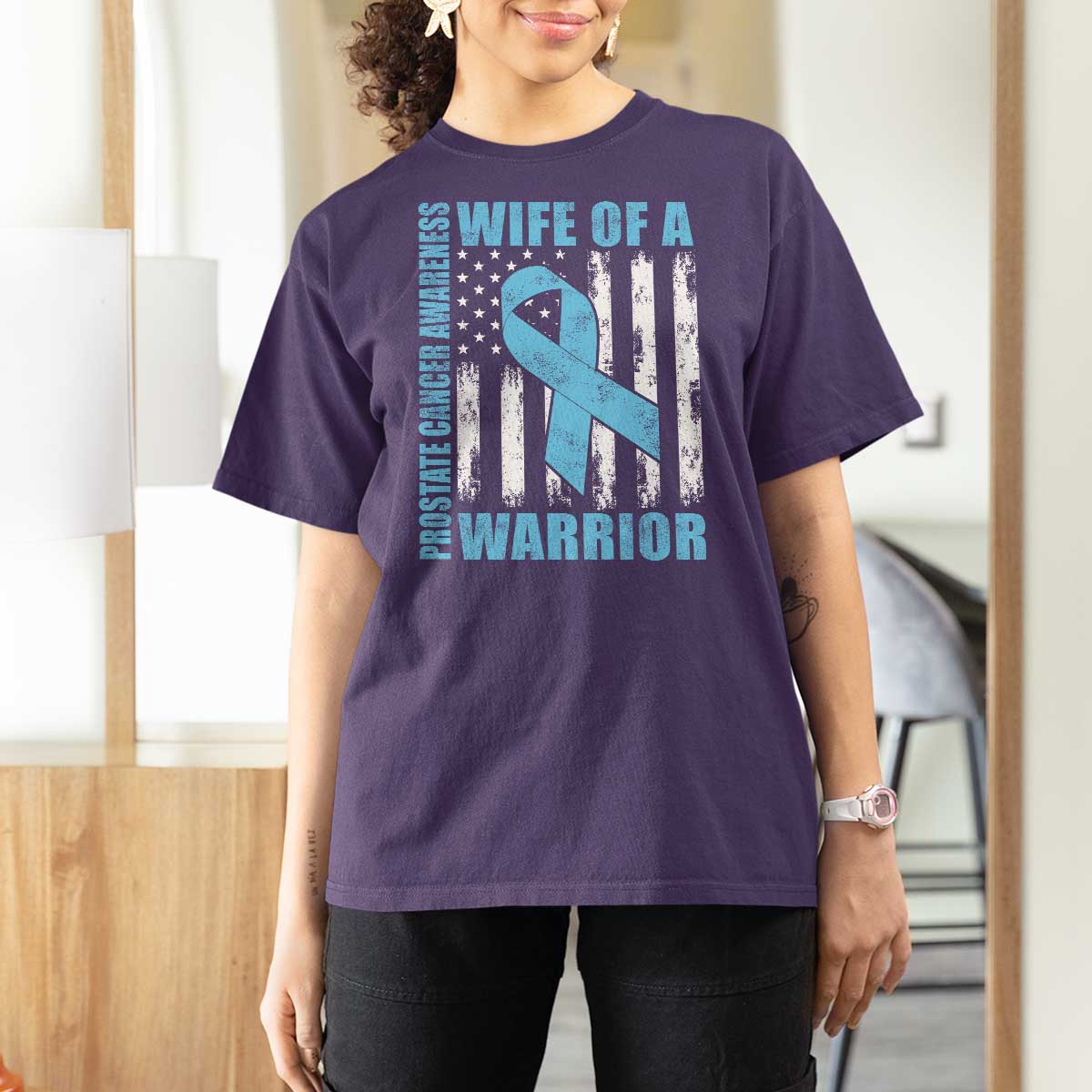 Wife Of A Warrior Prostate Cancer Awareness T Shirt For Women American Flag Blue Ribbon Graphic