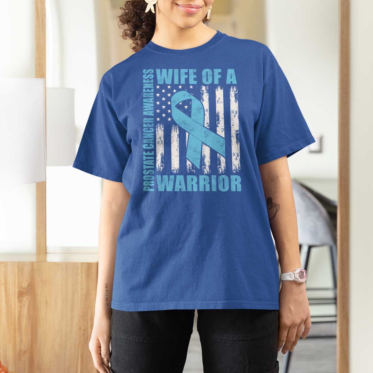 Wife Of A Warrior Prostate Cancer Awareness T Shirt For Women American Flag Blue Ribbon Graphic