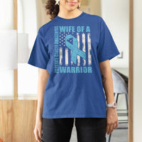 Wife Of A Warrior Prostate Cancer Awareness T Shirt For Women American Flag Blue Ribbon Graphic