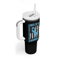 Wife Of A Warrior Prostate Cancer Awareness Tumbler With Handle American Flag Blue Ribbon Graphic