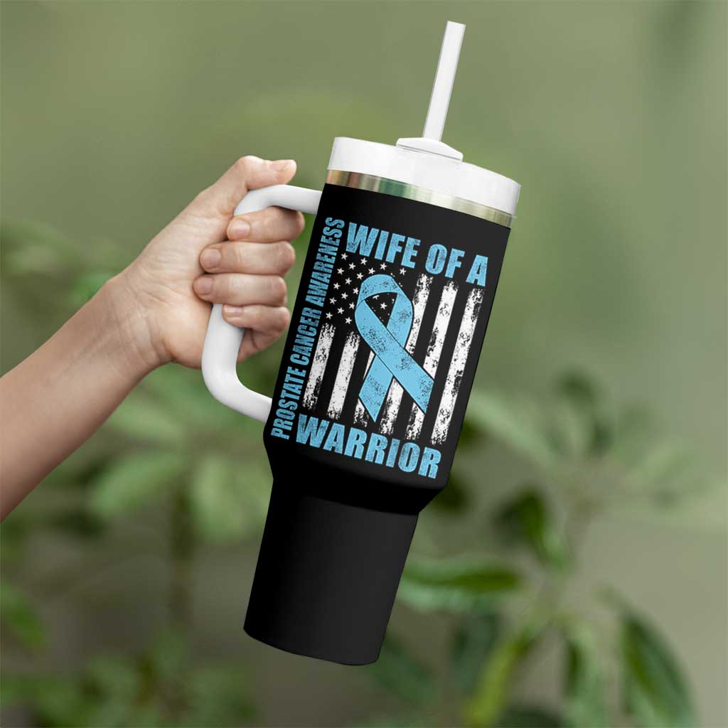 Wife Of A Warrior Prostate Cancer Awareness Tumbler With Handle American Flag Blue Ribbon Graphic