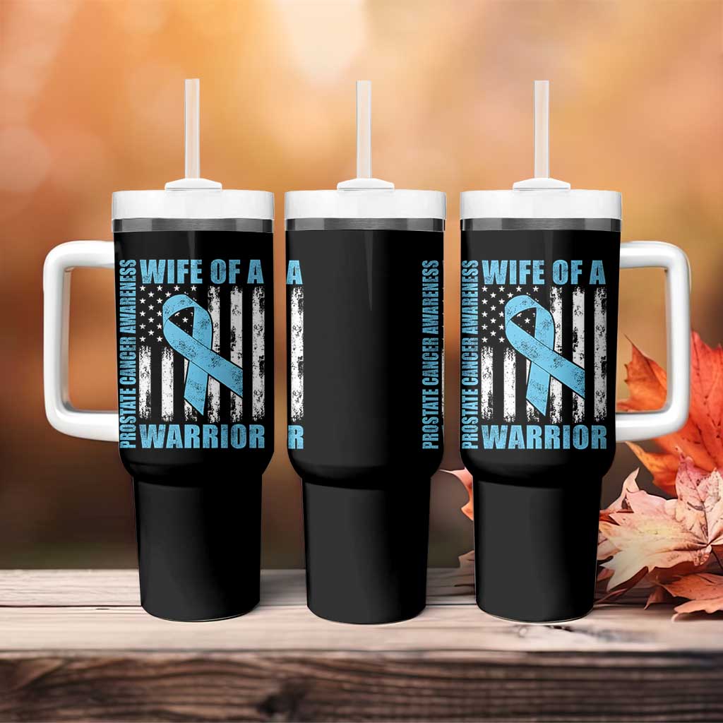 Wife Of A Warrior Prostate Cancer Awareness Tumbler With Handle American Flag Blue Ribbon Graphic