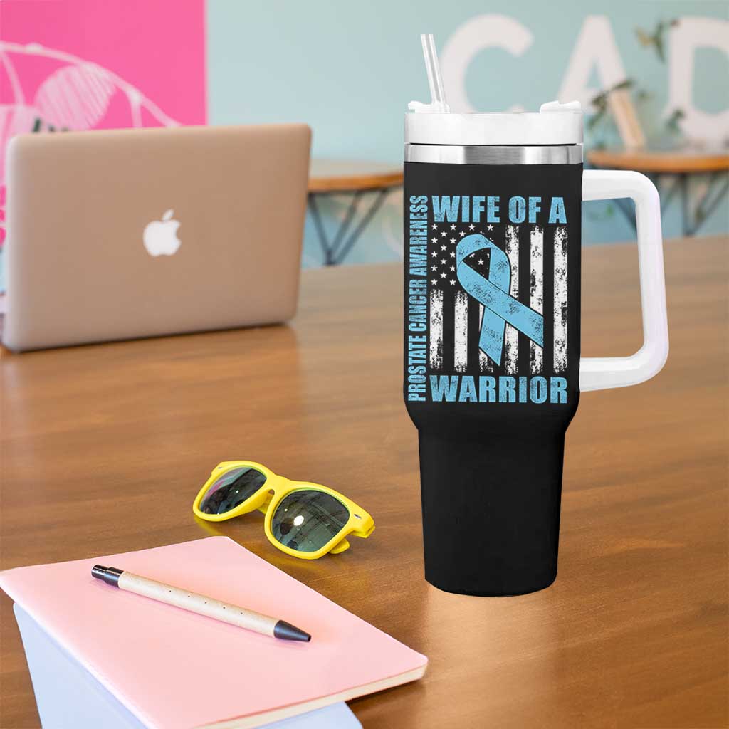 Wife Of A Warrior Prostate Cancer Awareness Tumbler With Handle American Flag Blue Ribbon Graphic