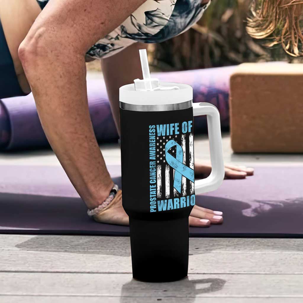 Wife Of A Warrior Prostate Cancer Awareness Tumbler With Handle American Flag Blue Ribbon Graphic